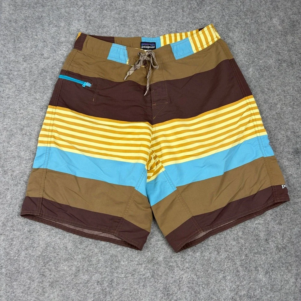 Patagonia Board Shorts Mens 32‎ Brown Blue Yellow Striped Swim Trunks Beach Surf